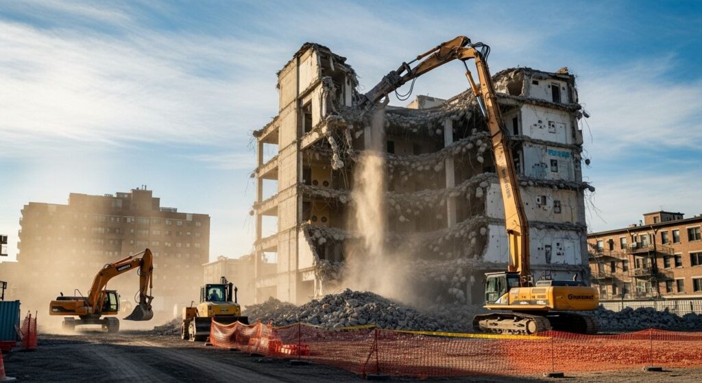 Снос зданий техникой