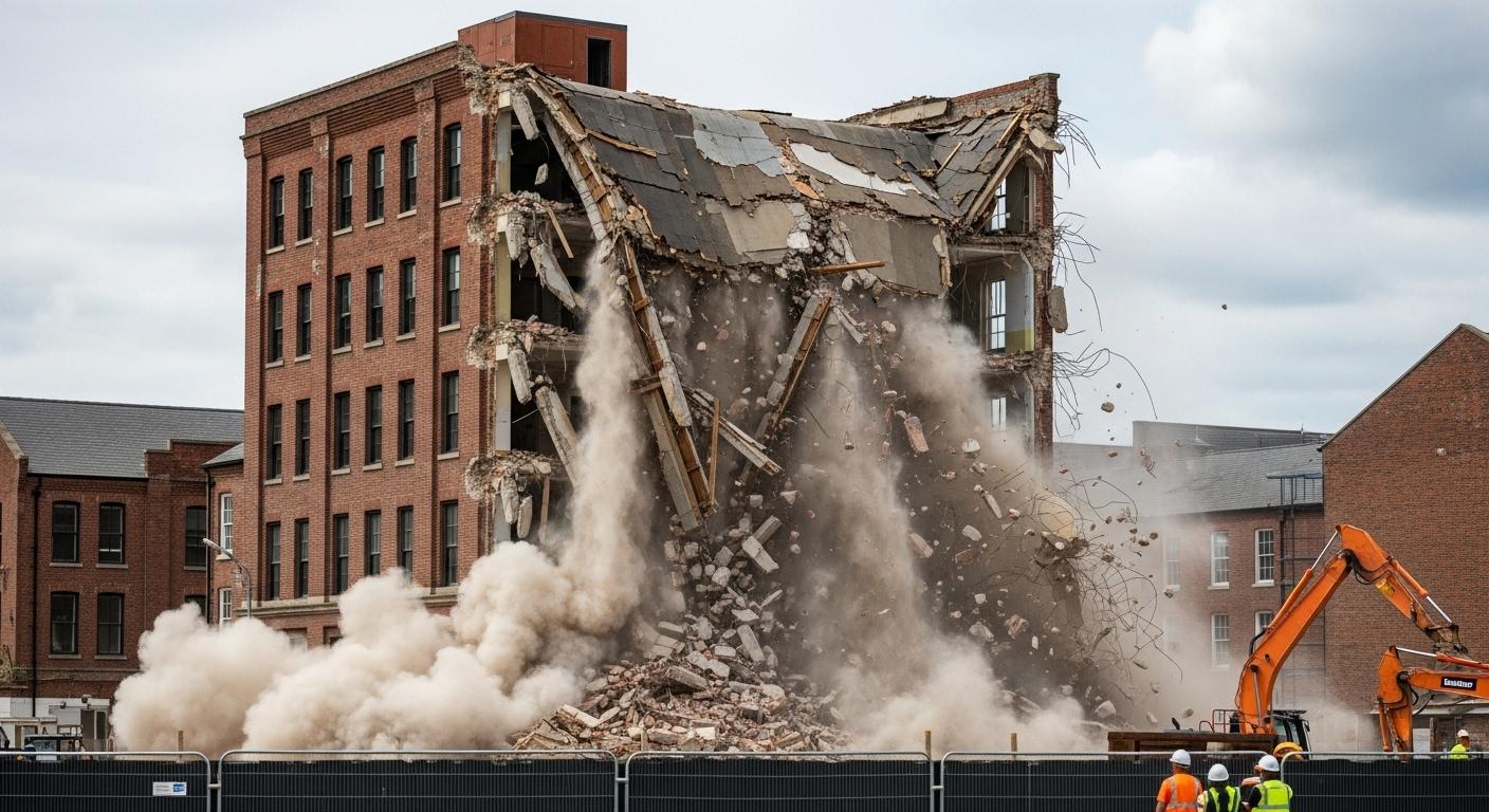 Демонтаж кирпичных зданий методом обрушения